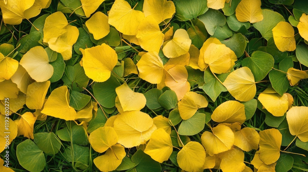 Aufkleber vibrant yellow and green fallen leaves on lush grass creating a natural autumn backdrop for design a