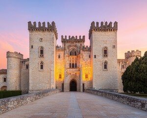 Obraz premium A majestic castle with tall towers and stone walls, illuminated at sunset, surrounded by greenery and a pathway leading to its grand entrance.