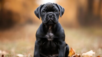 Obraz premium Cane Corso puppy sitting in autumn foliage, showcasing its strong build and inquisitive expression in a serene outdoor setting.