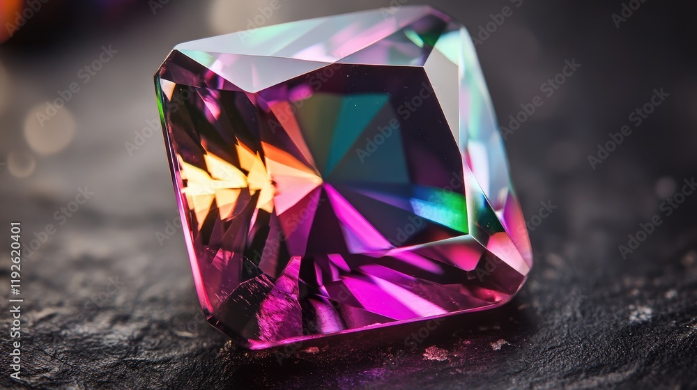 Poster vibrantly faceted gemstone displaying colorful reflections against a dark textured background