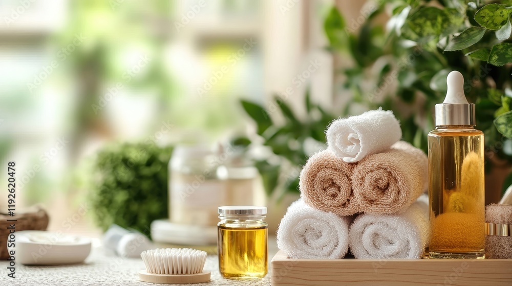 Poster Spa essentials with towels oils and aromatherapy products on a wooden table in a serene environment for relaxation and wellness concepts.