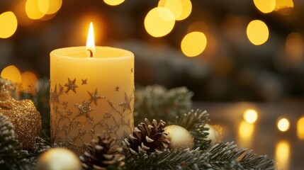 Festive Christmas candle glowing amidst holiday decorations and blurred lights creating a warm and cozy atmosphere for the season