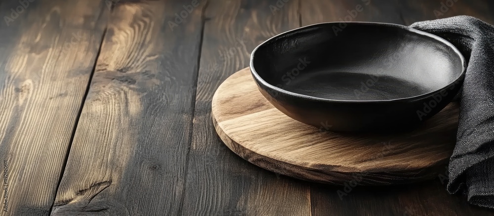 Poster black ceramic dish on wooden cutting board with dark background and ample space for text and design 