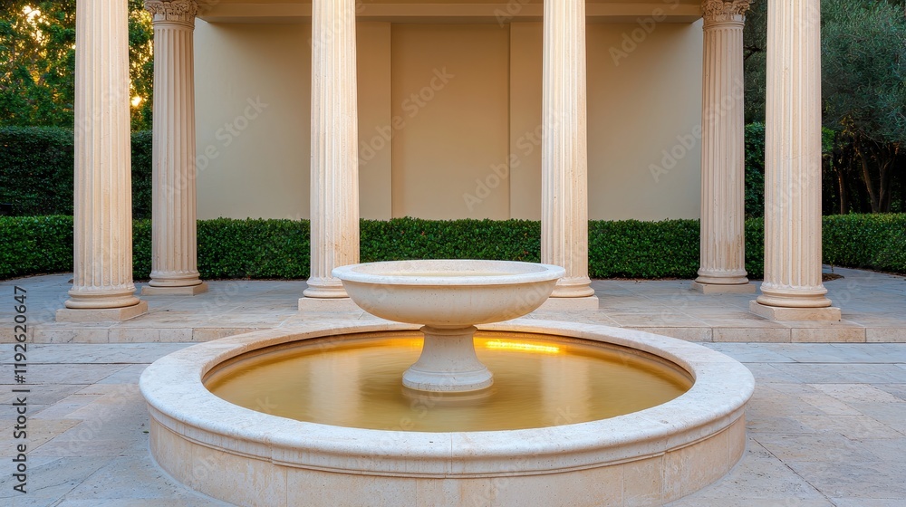 Poster a serene outdoor space featuring a circular fountain surrounded by elegant columns and lush greenery