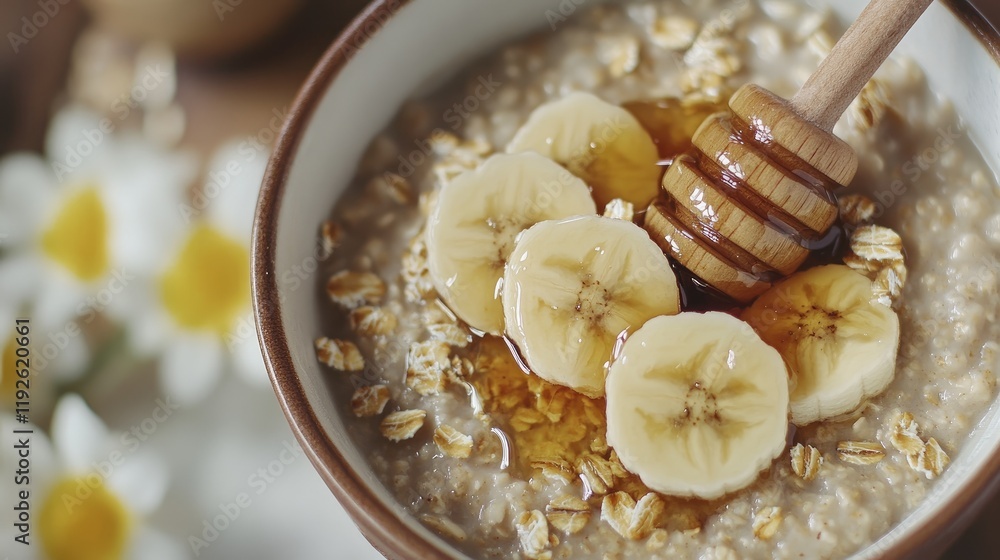 Poster nutritious bowl of oatmeal topped with fresh banana slices and a drizzle of honey ideal for healthy 