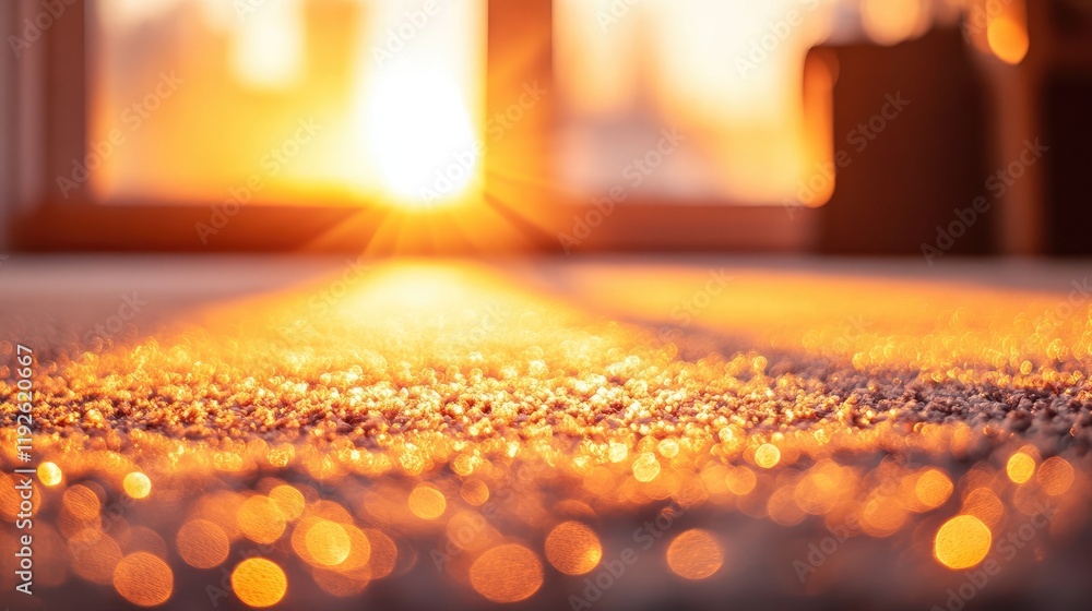 Poster Bokeh effect of sparkling carpet illuminated by warm sunlight creating a dreamy and inviting atmosphere