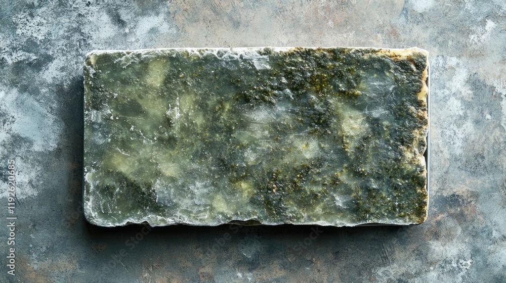 Poster frozen rectangular lasagna with bolognese and pesto on a metal tray against a textured backdrop in a