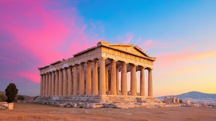 Obraz premium A stunning sunset illuminates the Parthenon, showcasing its ancient architecture against a colorful sky.