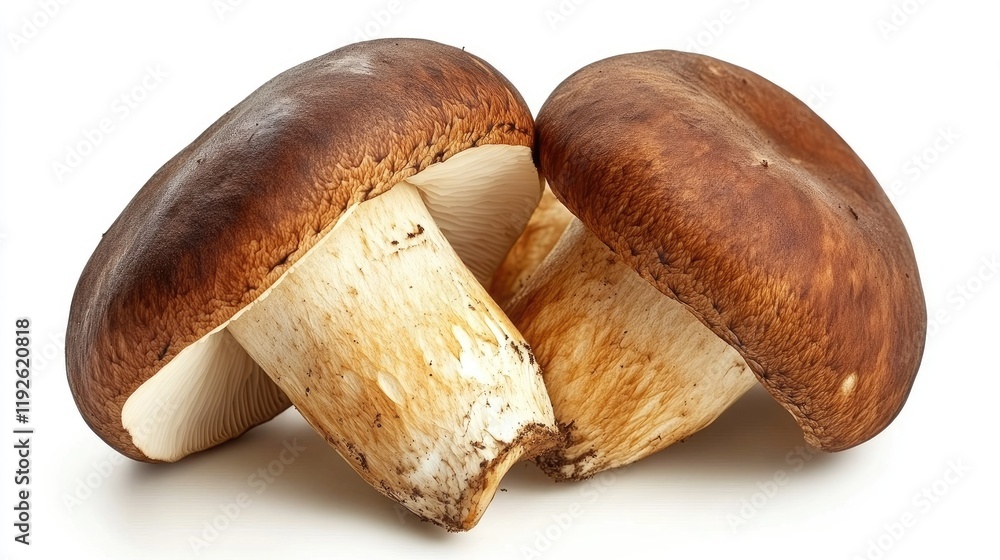 Poster Boletus edulis mushrooms displayed on a clean white background showcasing their distinct features and textures for culinary use or marketing purposes.