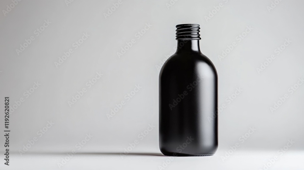 Poster black glass bottle against neutral background with space for custom text or branding