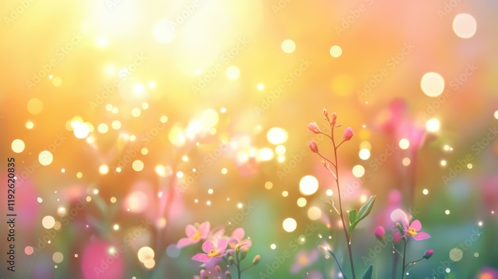 Poster Soft floral bokeh background with sparkling light and warm hues creating a dreamy atmosphere in a spring garden setting.