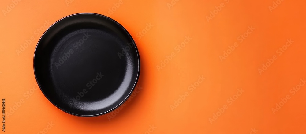 Poster black ceramic tray positioned on vibrant orange background with ample empty space for text placement