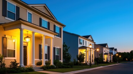 Obraz premium A serene suburban street at dusk, showcasing well-lit homes with inviting facades and a clear sky above.