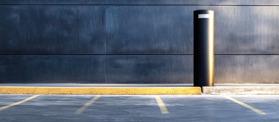 Black stainless steel bollard in modern parking lot with ample space for advertising or signage on concrete pavement and background wall