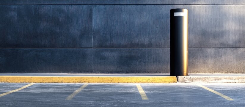 Black stainless steel bollard in modern parking lot with ample space for advertising or signage on concrete pavement and background wall - Powered by Adobe