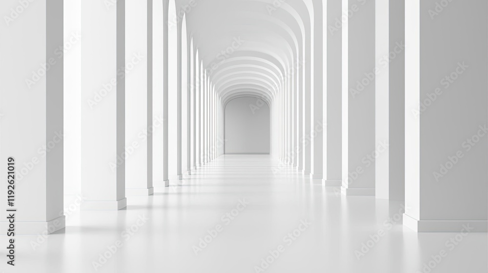 Poster blurred abstract background idea. a spacious, minimalist corridor with white walls and arches creati