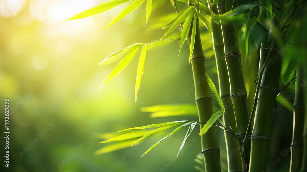 Poster lush bamboo plant illuminated by soft sunlight creating a serene and tranquil natural environment.