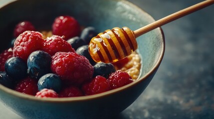 Bowl of oatmeal with fresh berries and honey on dark background showcasing healthy breakfast options and vibrant colors