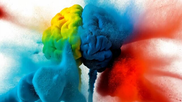Brain with two different colored halves, one blue and one yellow. The brain is surrounded by a cloud of colorful powder, giving it a sense of creativity and inspiration
