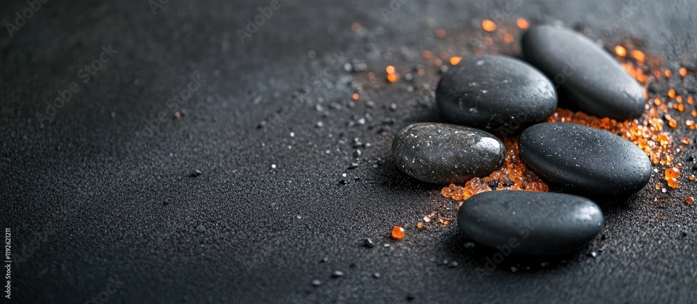 Poster zen stones and fine sand on dark surface promoting relaxation wellness with ample space for branding