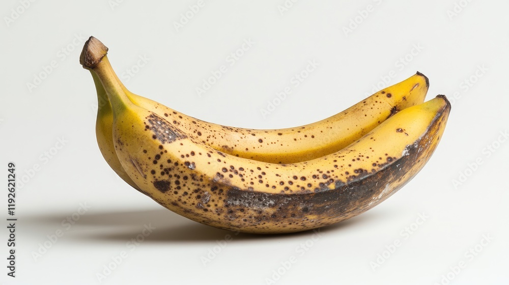 Poster ripe bananas with brown spots isolated on a white background showcasing their natural texture and co