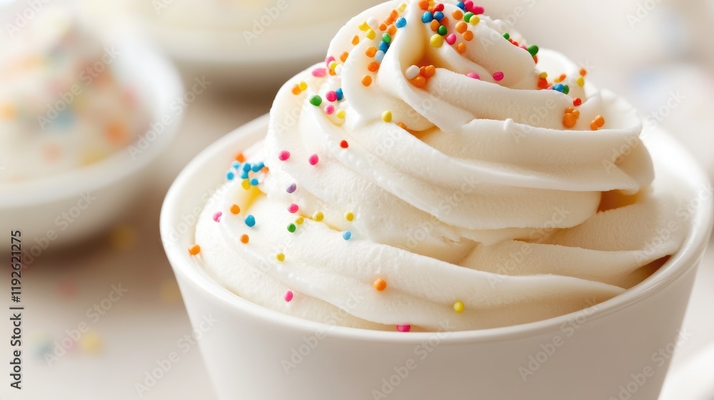 Poster soft serve ice cream topped with vibrant sprinkles in a white bowl on a light background perfect for
