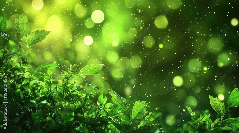 Poster Lush green bokeh background with soft defocused lights and natural foliage creating a serene and calming atmosphere.