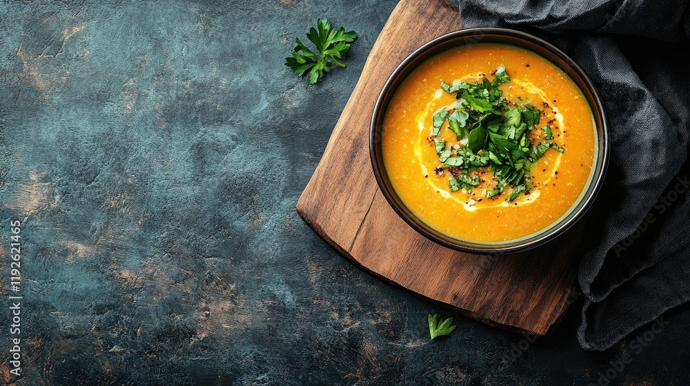 Poster bowl of vibrant vegetable miso soup garnished with herbs on rustic wooden board with textured backgr