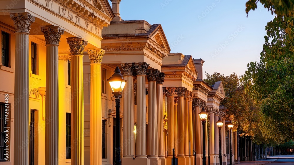 Poster a beautiful architectural view of illuminated columns and trees at sunset, creating a serene and his