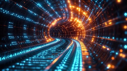 Obraz premium Futuristic digital tunnel with glowing LED lights and train tracks, representing the next wave of AI technology for industrial innovation.