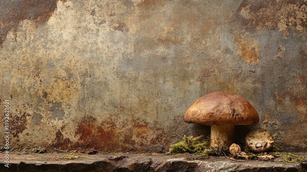 Poster boletus edulis mushroom on rustic stone surface with textured background showcasing natural earthy t