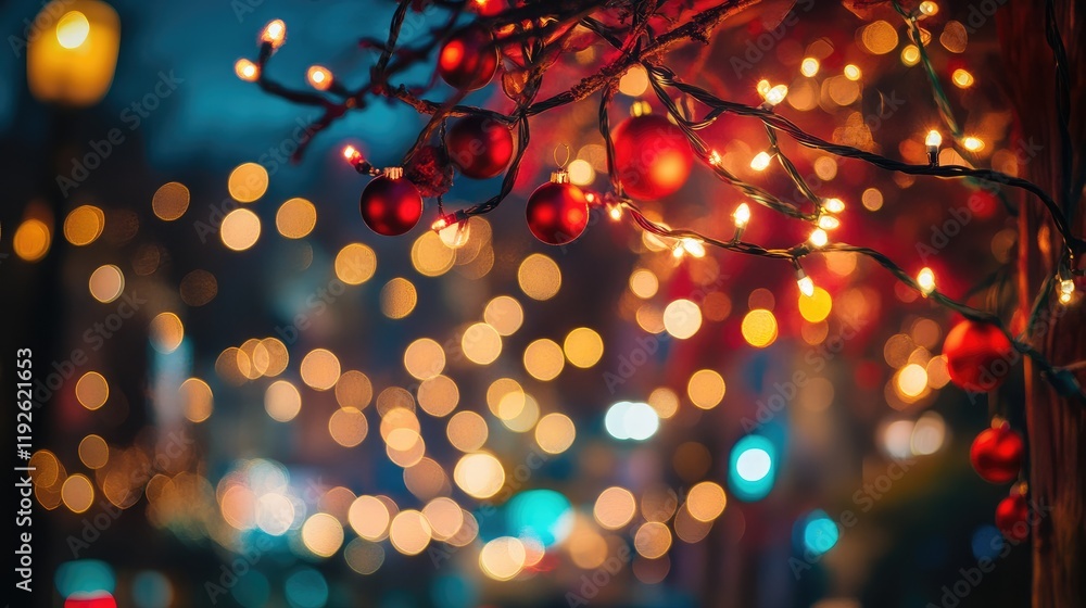 Poster Bokeh background of festive red lights and ornaments creating a warm, inviting atmosphere for holiday celebrations and New Year events