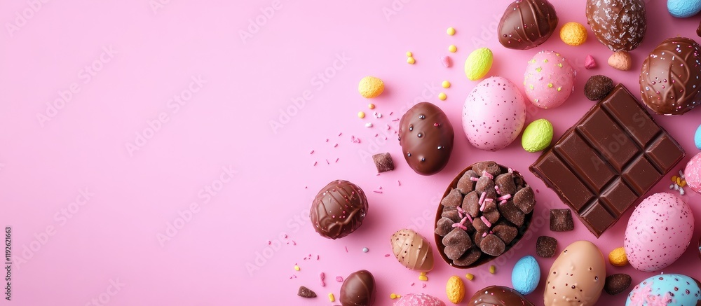 Poster chocolate easter eggs and colorful sweets arranged on a pink background with space for text suitable