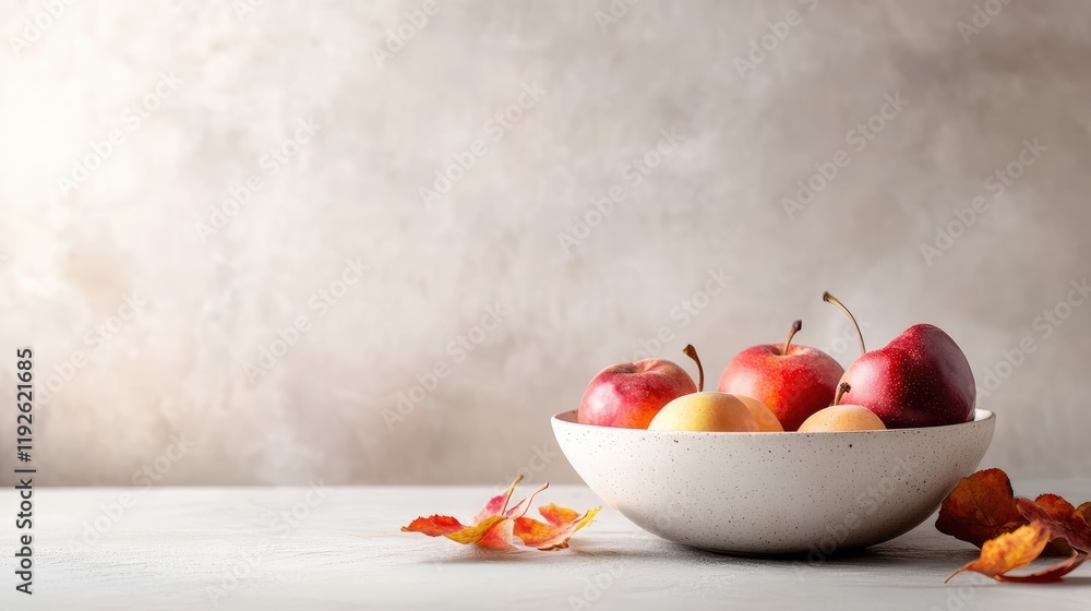 Poster autumn fruits in decorative bowl on table with empty space for text healthy seasonal food concept na