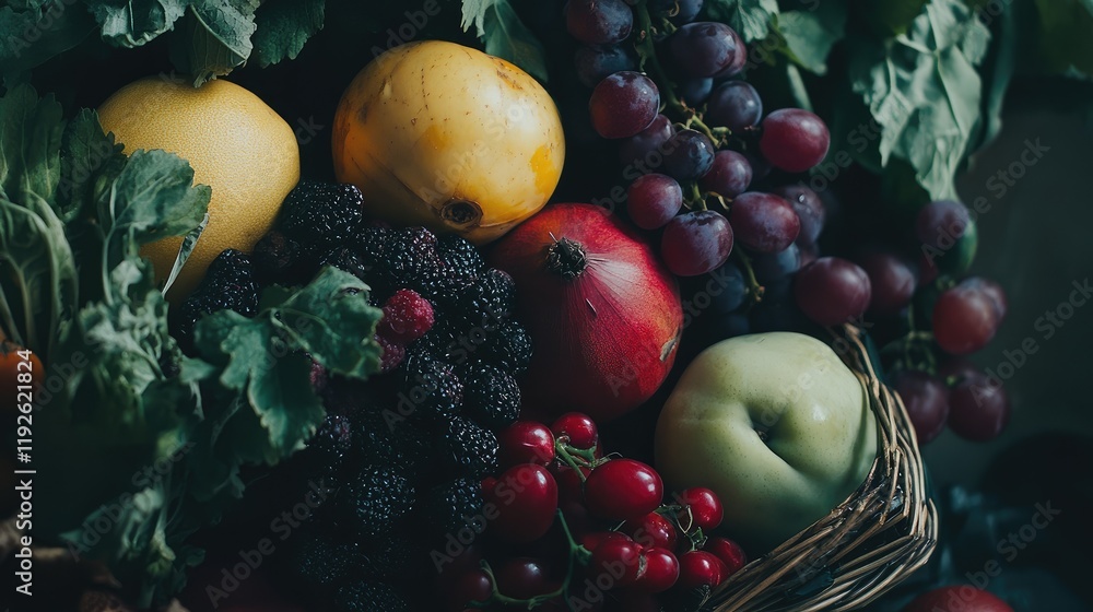 Poster colorful assortment of fresh fruits and vegetables arranged artfully with ample space for text in a 