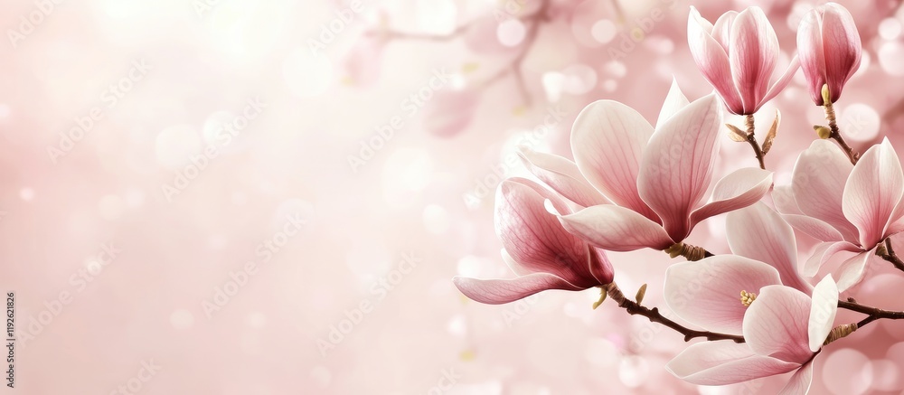 Aufkleber soft magnolia flowers on a delicate pink background offering empty copyspace for elegant text and de