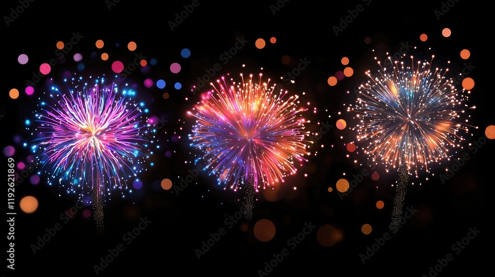 Poster Colorful bokeh abstract blurred background featuring vibrant fireworks illuminating the night sky with shimmering lights and festive patterns.
