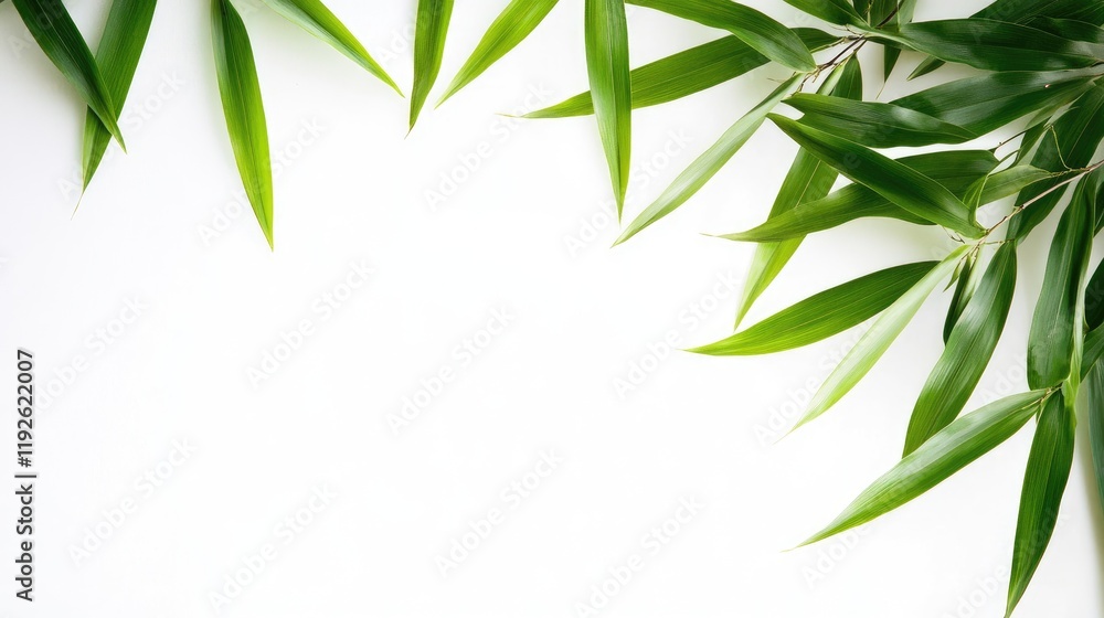 Leinwandbilder Bamboo leaves on white background creating a natural frame for text and design elements in various creative projects