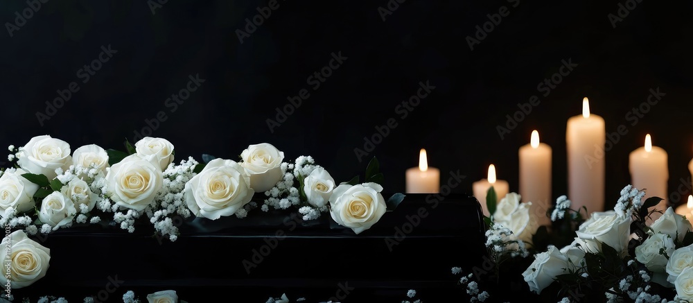 Poster elegant black coffin surrounded by white roses and glowing candles on a dark background with ample s