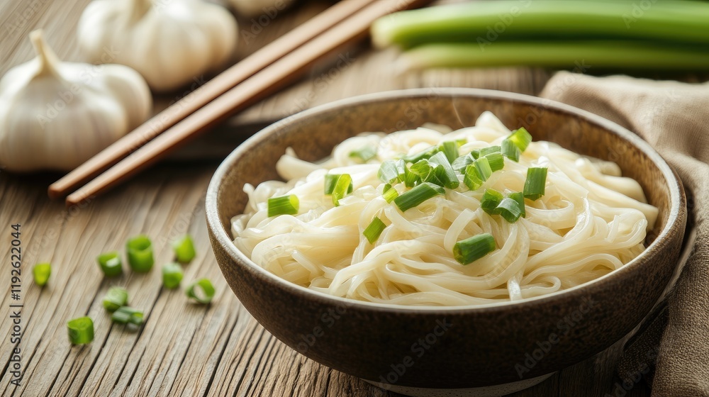 Poster Bowl of authentic noodles garnished with green onion on rustic wooden table with garlic and chopsticks Food backdrop with copy space
