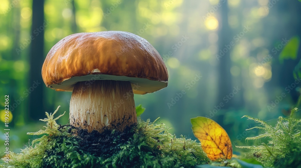 Poster king bolete boletus edulis mushroom in lush forest setting with soft light and green moss background