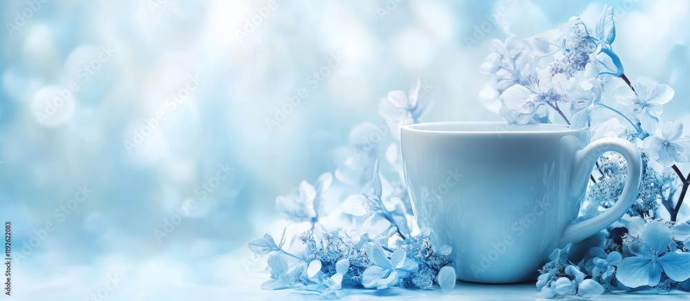 Poster blue flower composition with abstract coffee cup modern background and empty space for text in sooth