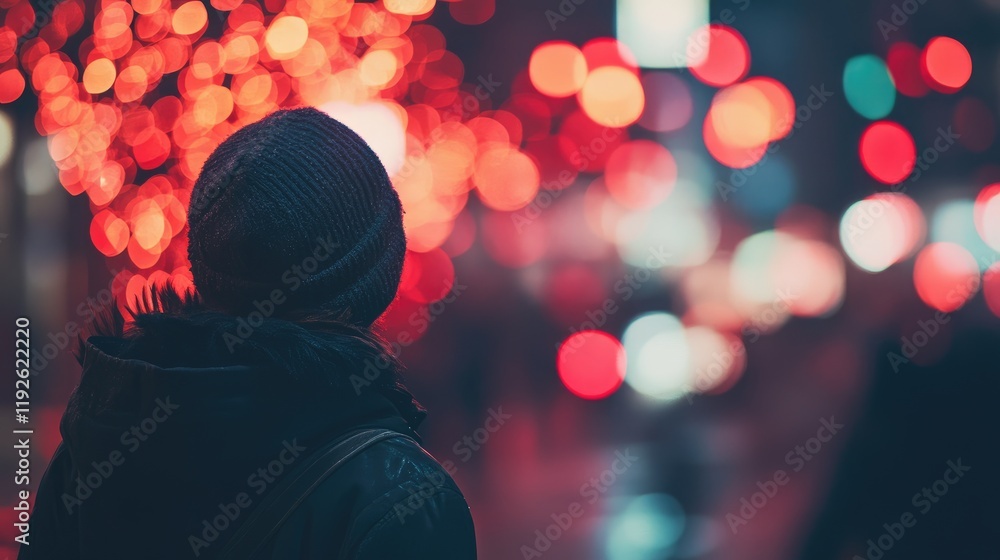 Poster Warm bokeh red lights background with a person silhouette creating a festive and dreamy atmosphere in an urban setting at night