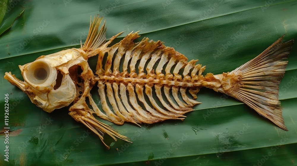 Poster fried fish skeleton displayed on a vibrant green banana leaf highlighting culinary presentation and 