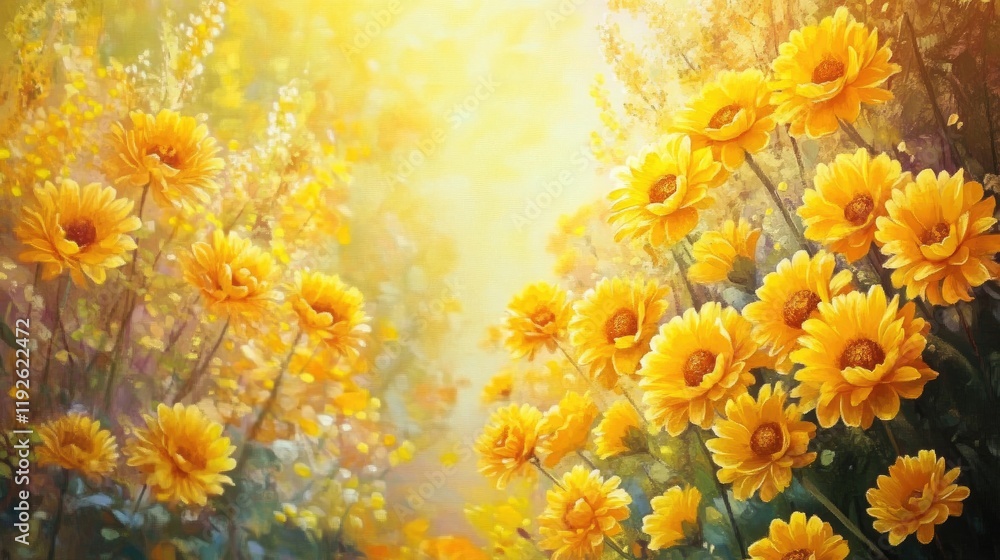 Poster vibrant field of yellow flowers creating a warm and cheerful atmosphere in a sunlit garden setting