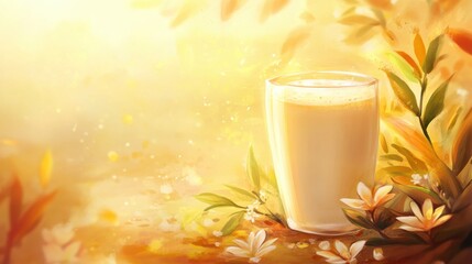 Refreshing Glass of Creamy Beverage Surrounded by Vibrant Autumn Leaves and Gentle Flowers in Soft Sunlit Background for Culinary and Seasonal Themes