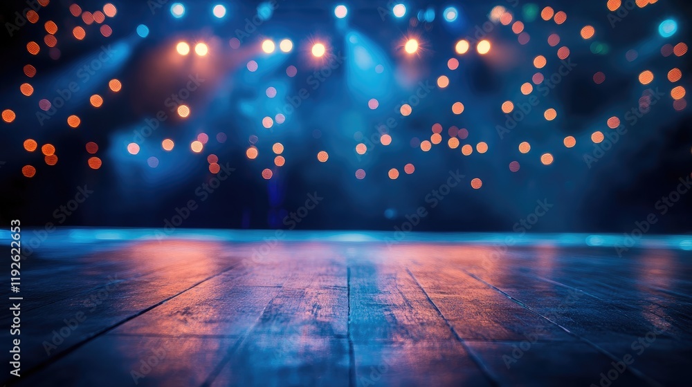 Poster Vibrant bokeh lights creating a festive atmosphere on a wooden stage during a performance or event showcase
