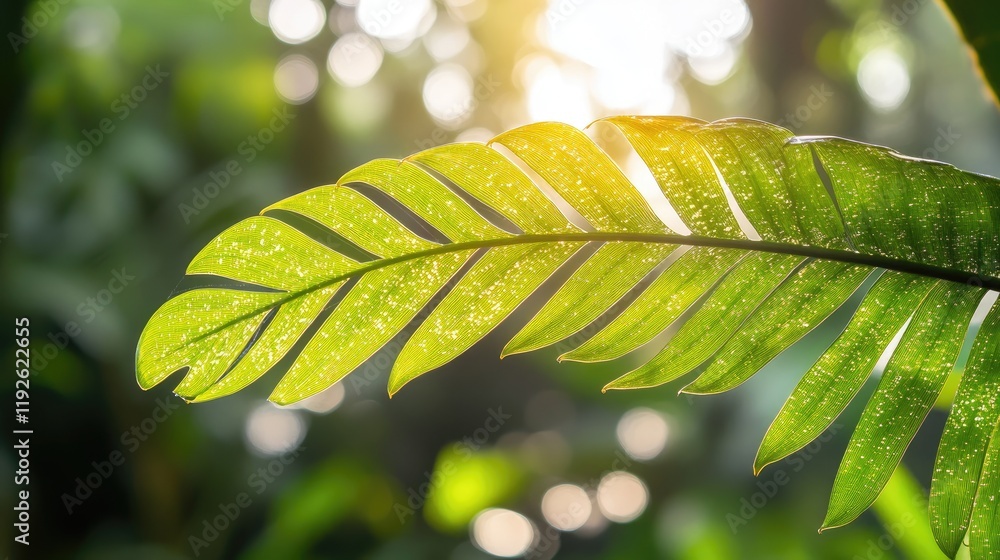 Poster sunlit green leaf with bokeh effect in a lush garden background ideal for nature-themed designs and 