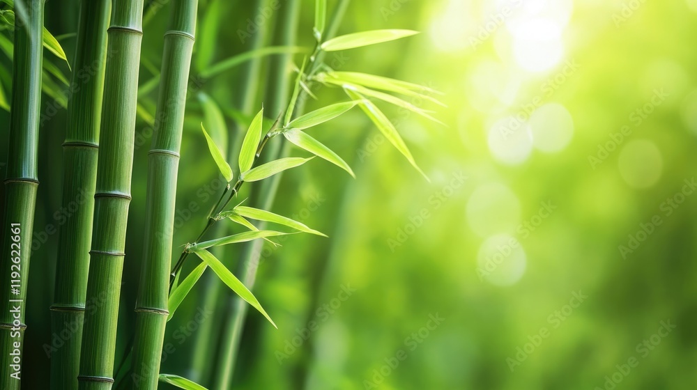 Poster Lush bamboo forest with sunlight filtering through green foliage creating a serene and tranquil background scene.