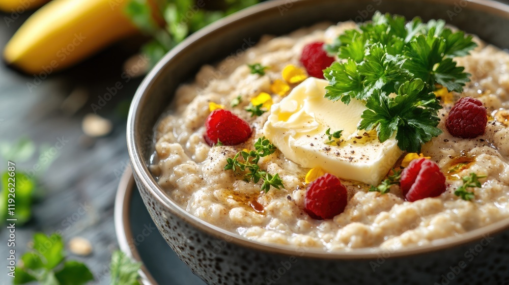 Aufkleber delicious bowl of oatmeal garnished with butter, fresh raspberries and herbs on a rustic table setti